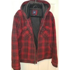 Vtg GAP DENIM Flannel Lined Zipper Jacket Men's Lg Red Plaid Hoodie Lumberjack